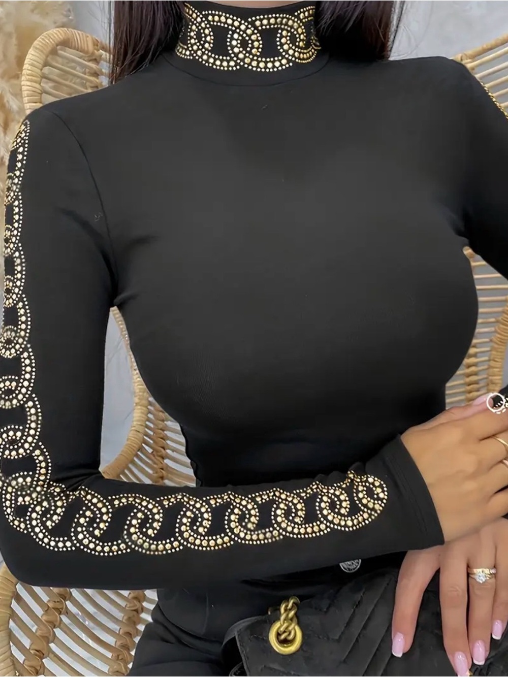 chic Black Long Sleeve Turtleneck Top with Gold Stud Chain Detail